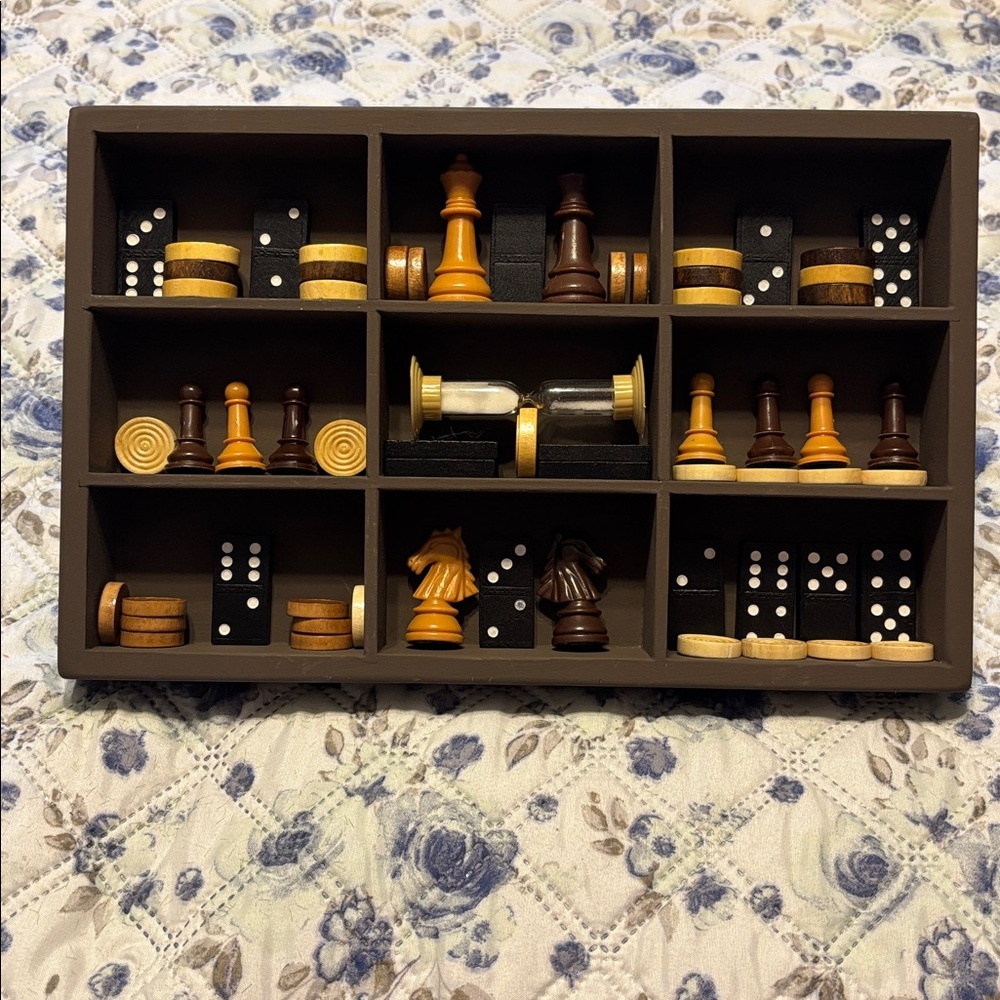 Trinket Shelf filled with Timeless Game Pieces